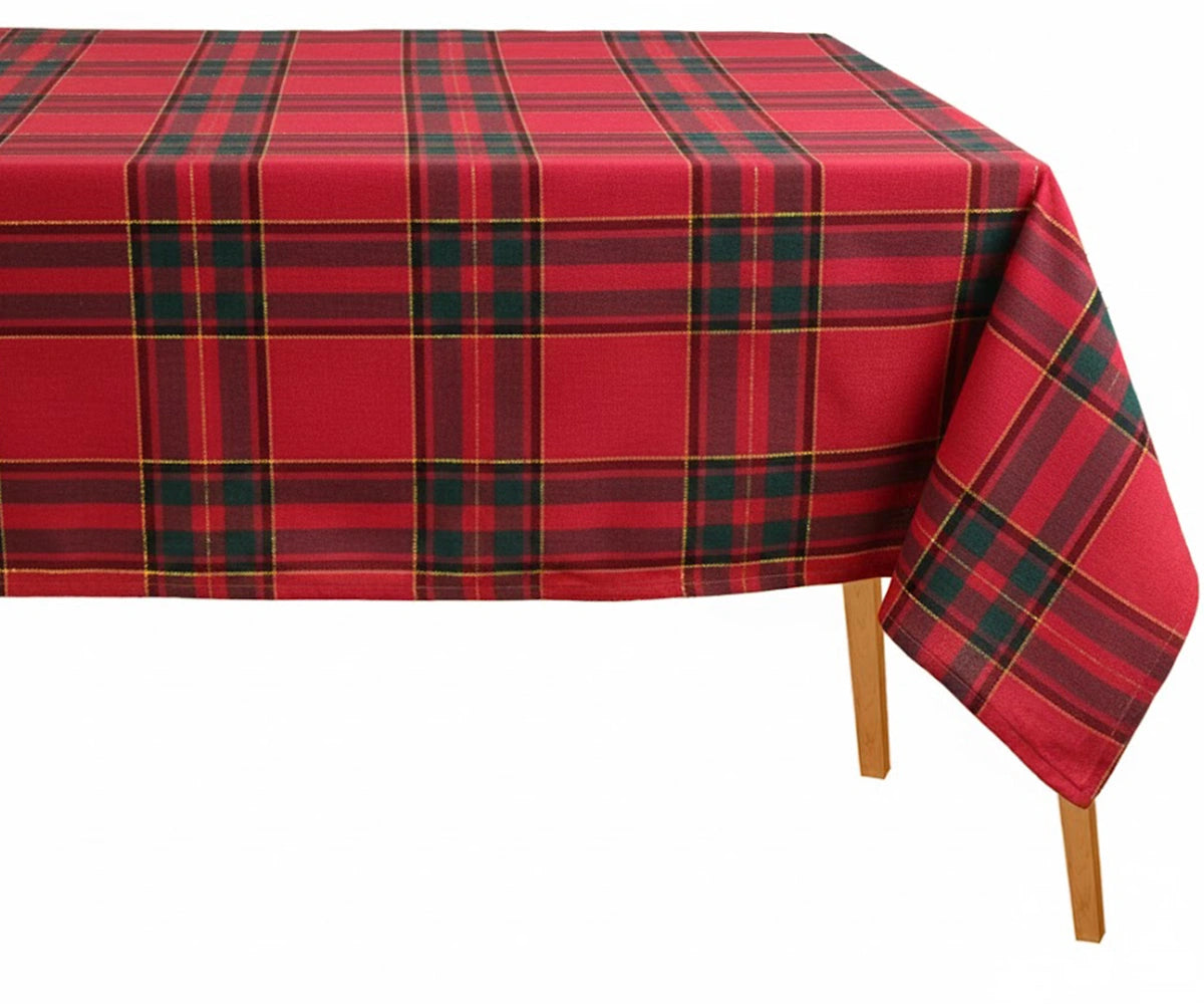 Classic tartan plaid red tablecloth with black and yellow stripes – festive cotton Christmas dining table cover