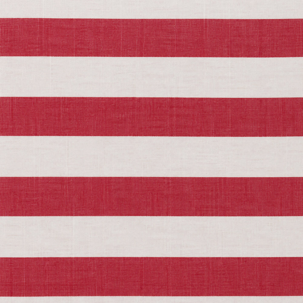 Close-up fabric swatch of a red and white cabana stripe cotton table napkin