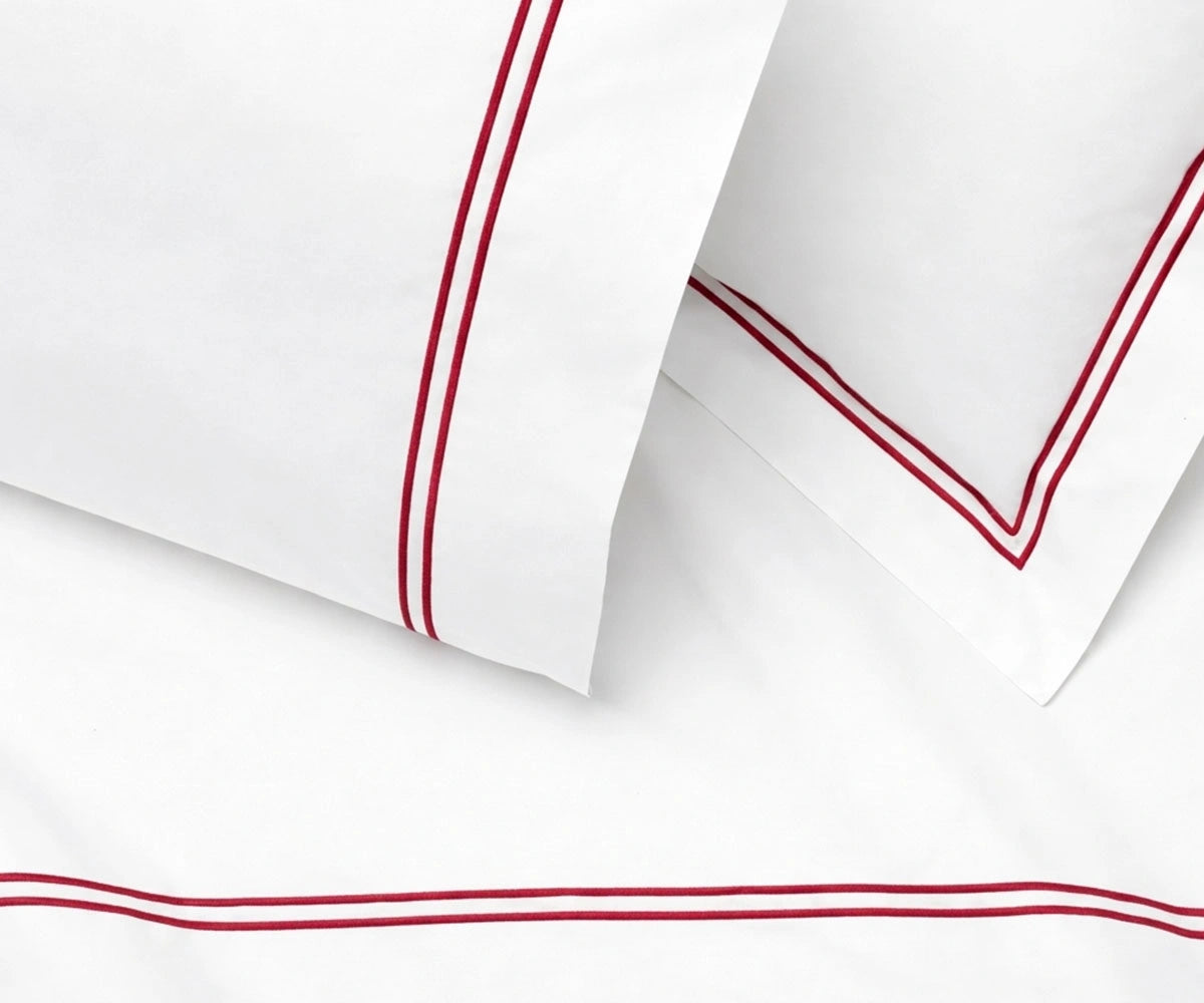 red cotton percale flat sheet embroidered border breathable luxury vibrant bedroom bedding queen king