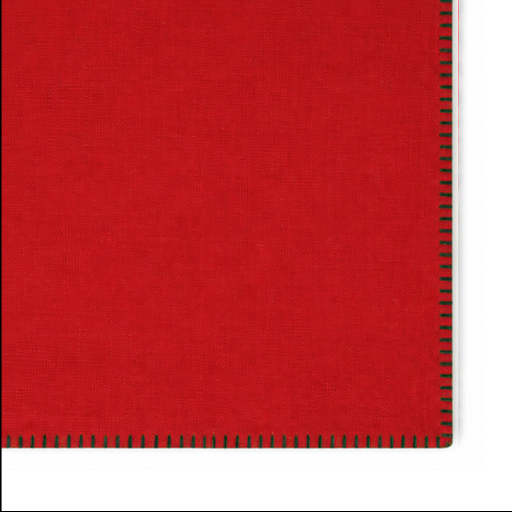 Red with Green Stitch Rectangle Cotton Placemats Set of 4, festive washable placemats for Christmas dining table