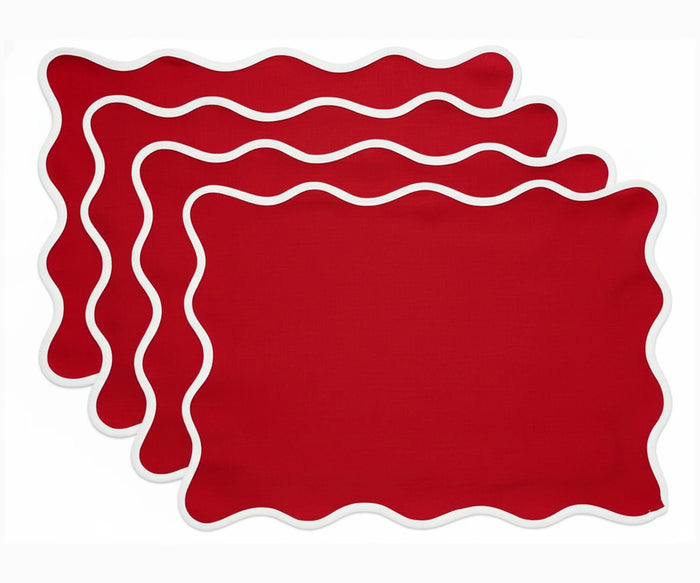 Set of red cotton placemats with scalloped edges, elegant solid color table décor