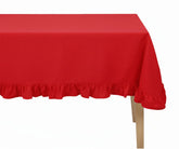 Red round cotton tablecloth with ruffle trim