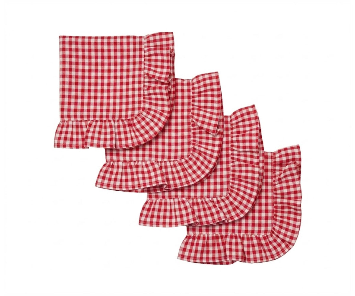 Red gingham ruffle cloth napkins set of reusable cotton checkered table napkins with scalloped edge