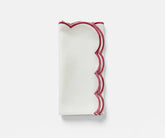 White cotton napkins with red scalloped edges, soft, durable, reusable, perfect for holiday meals or everyday dining.