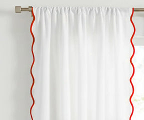 White scalloped curtain panel with Red trim