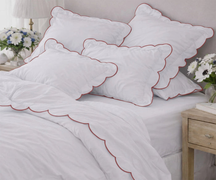 Red cotton scalloped trim sheet set king and queen size with breathable soft fabric