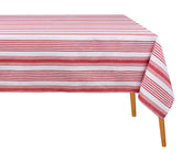 red and white striped cotton tablecloth fabric showing soft weave and durable finish, made form 100% cotton