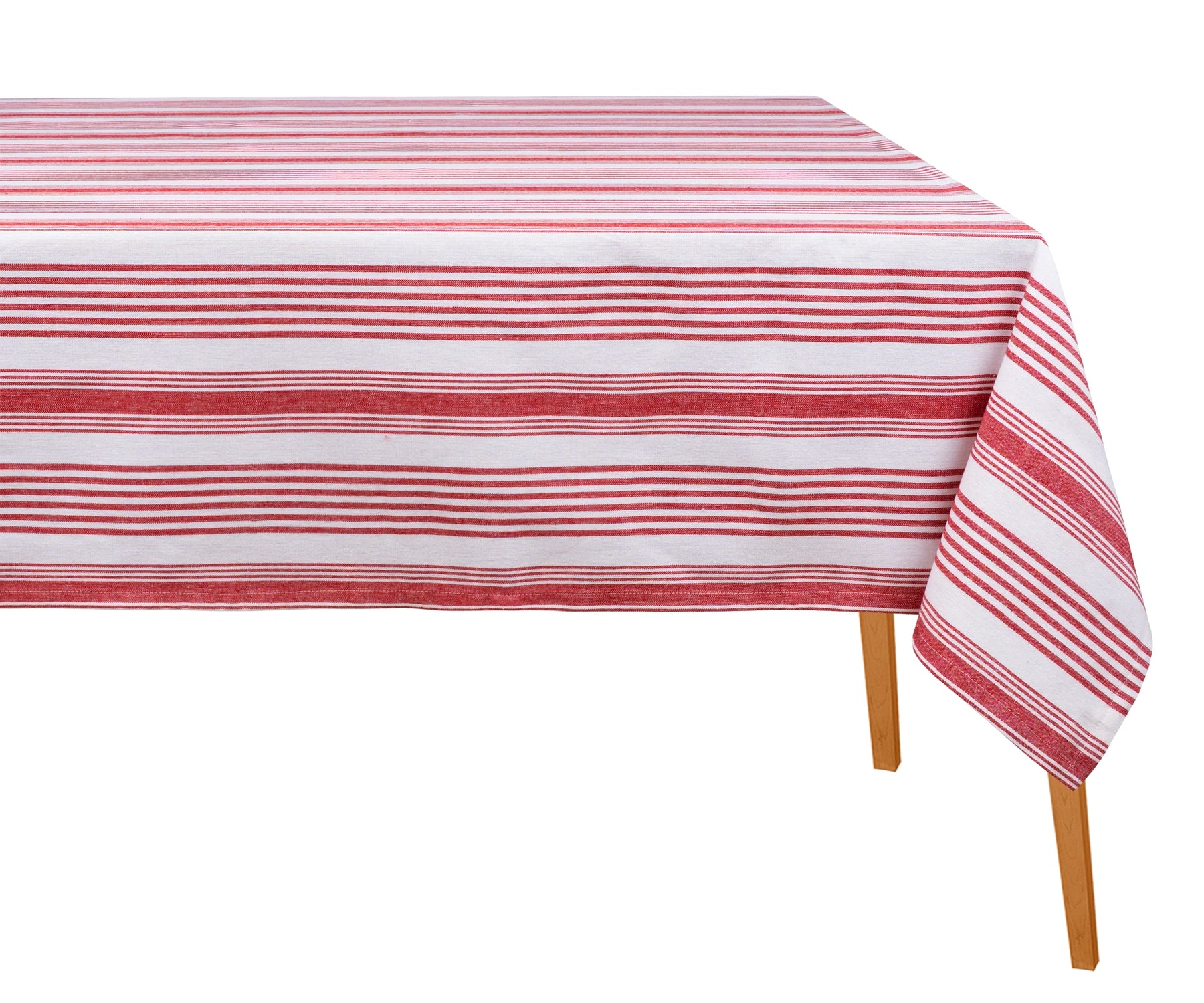 red and white striped cotton tablecloth fabric showing soft weave and durable finish, made form 100% cotton
