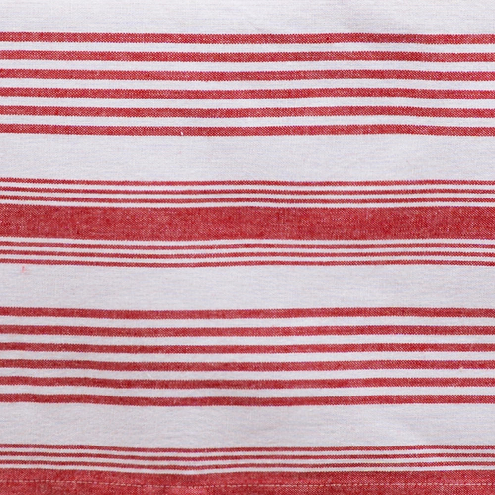 Red striped rectangular tablecloth with elegant drape, classic cotton dining table linen