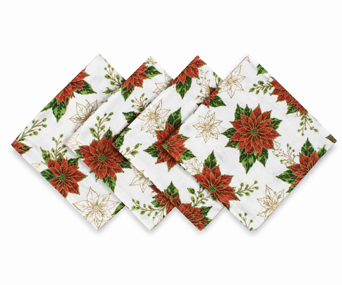 Floral cloth napkins with red poinsettia print and gold accents, washable cotton dinner napkins for Christmas tables, holiday gatherings, and family meals.