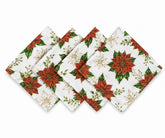 Floral cloth napkins with red poinsettia print and gold accents, washable cotton dinner napkins for Christmas tables, holiday gatherings, and family meals.
