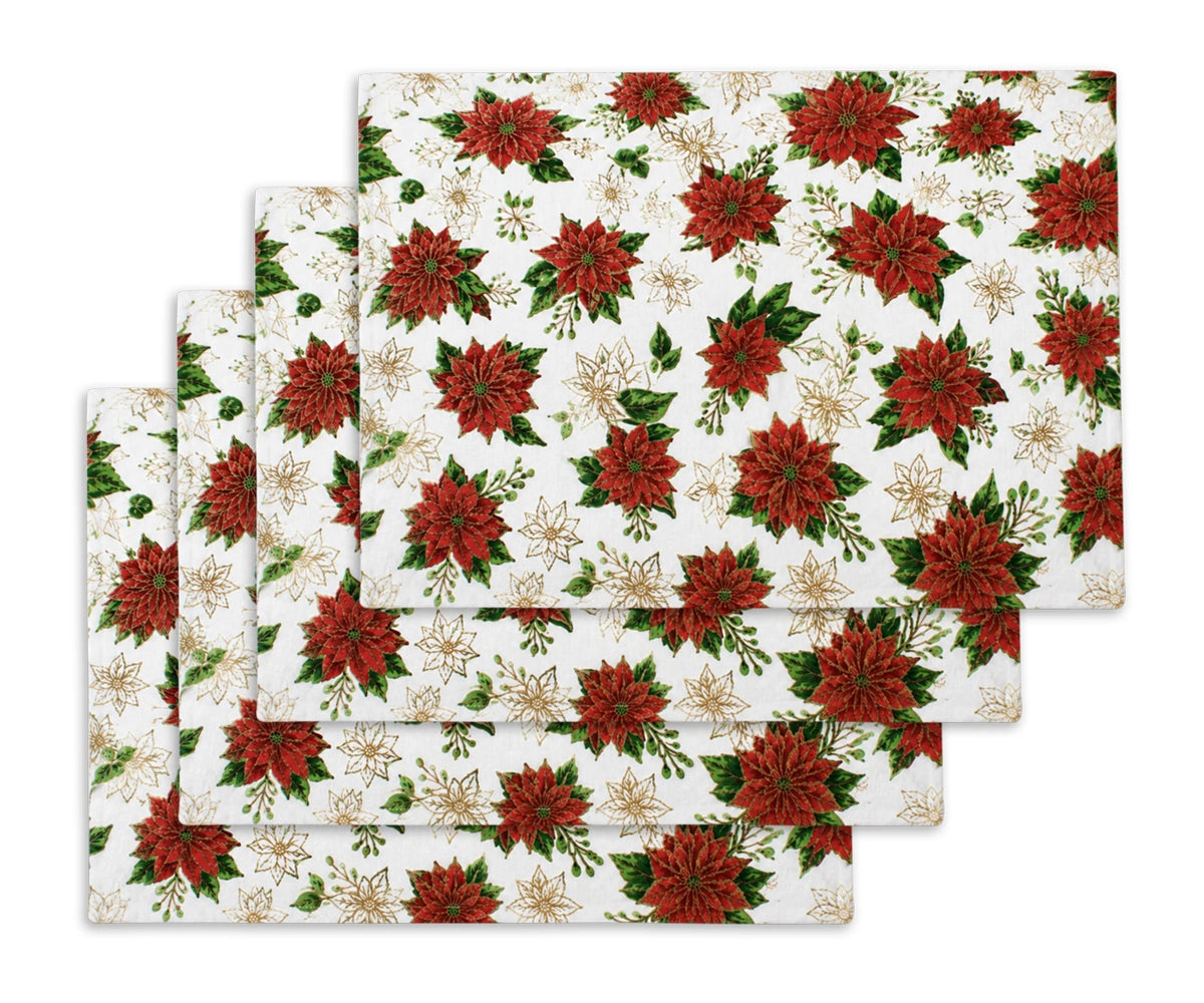 Red poinsettia placemats with gold accents, 100% cotton Christmas placemats for holiday table decor