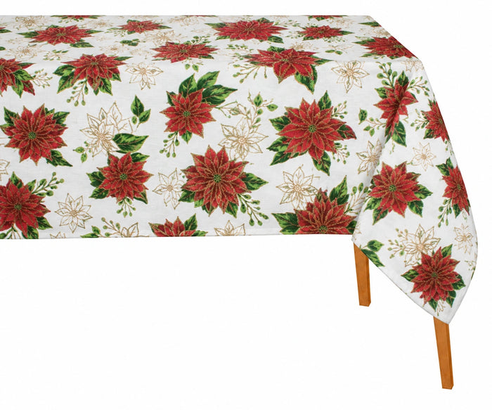 Red poinsettia Christmas tablecloth in premium cotton, rectangle holiday table cover for Christmas table décor, winter celebrations, and festive entertaining.