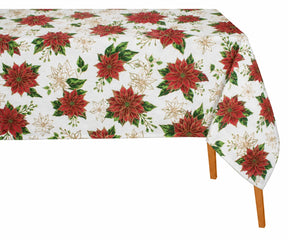 Red poinsettia Christmas tablecloth in premium cotton, rectangle holiday table cover for Christmas table décor, winter celebrations, and festive entertaining.
