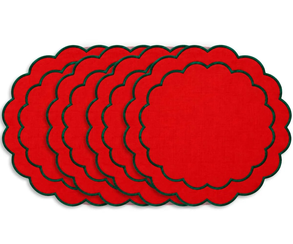 Round scalloped placemat made from cotton with embroidered detailing, ideal for Thanksgiving dinners and holiday tablescapes