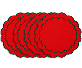 Round scalloped placemat made from cotton with embroidered detailing, ideal for Thanksgiving dinners and holiday tablescapes