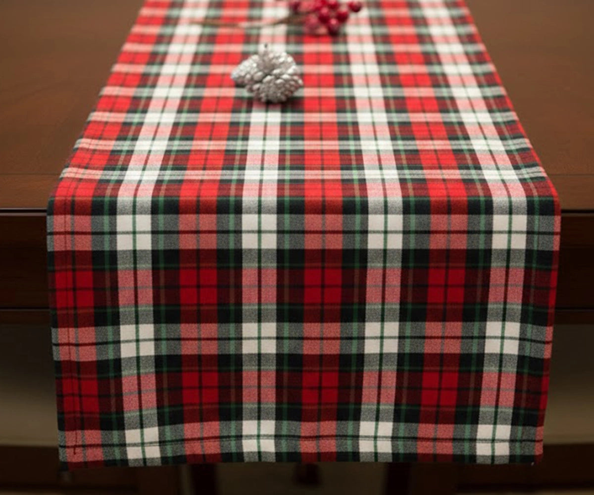 Red and green Christmas plaid table runner made of 100% cotton for festive holiday tables