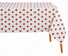 White rectangular tablecloth with red heart print. Romantic heart pattern cotton table cover perfect for Valentine’s Day décor