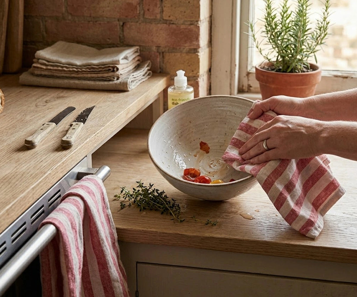 Luxury red linen kitchen towels with Italian stripe design durable dish cloth towels for farmhouse kitchens