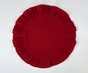 Deep red ruffled cotton dinner napkins made from natural linen fabric, perfect for celebrations and seasonal table décor.