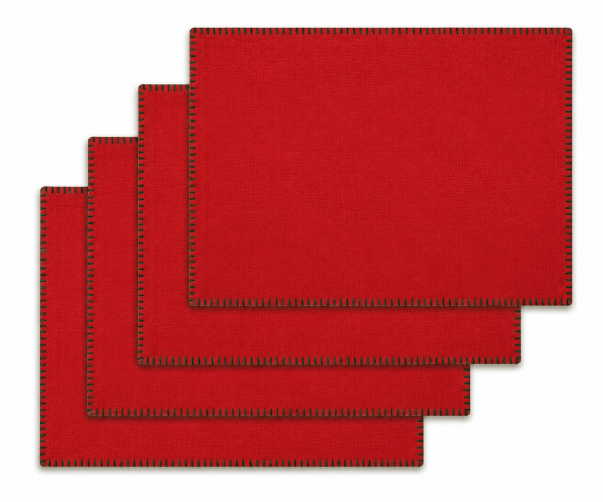 Red with Green Stitch Rectangle Cotton Placemats Set of 4, festive washable placemats for Christmas dining table