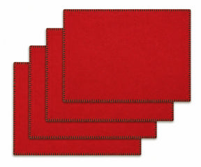 Red with Green Stitch Rectangle Cotton Placemats Set of 4, festive washable placemats for Christmas dining table