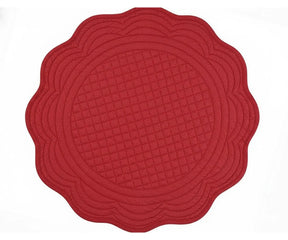 Red round scalloped placemat made from quilted cotton with elegant stitched texture for festive and farmhouse table décor