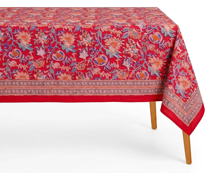 Hand block print tablecloth rectangular cotton canvas floral dining table cover farmhouse boho home decor