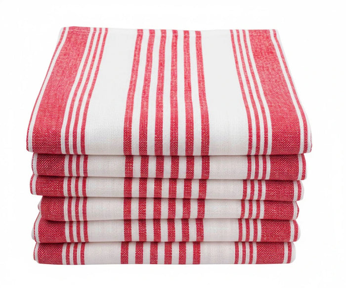 Striped cotton kitchen towels set of 6 in red green beige and navy
