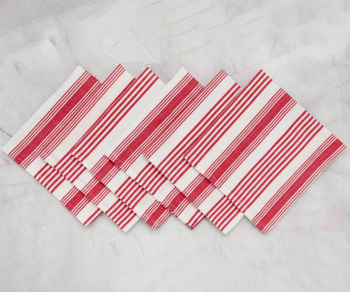 Set of red striped cotton dining napkins