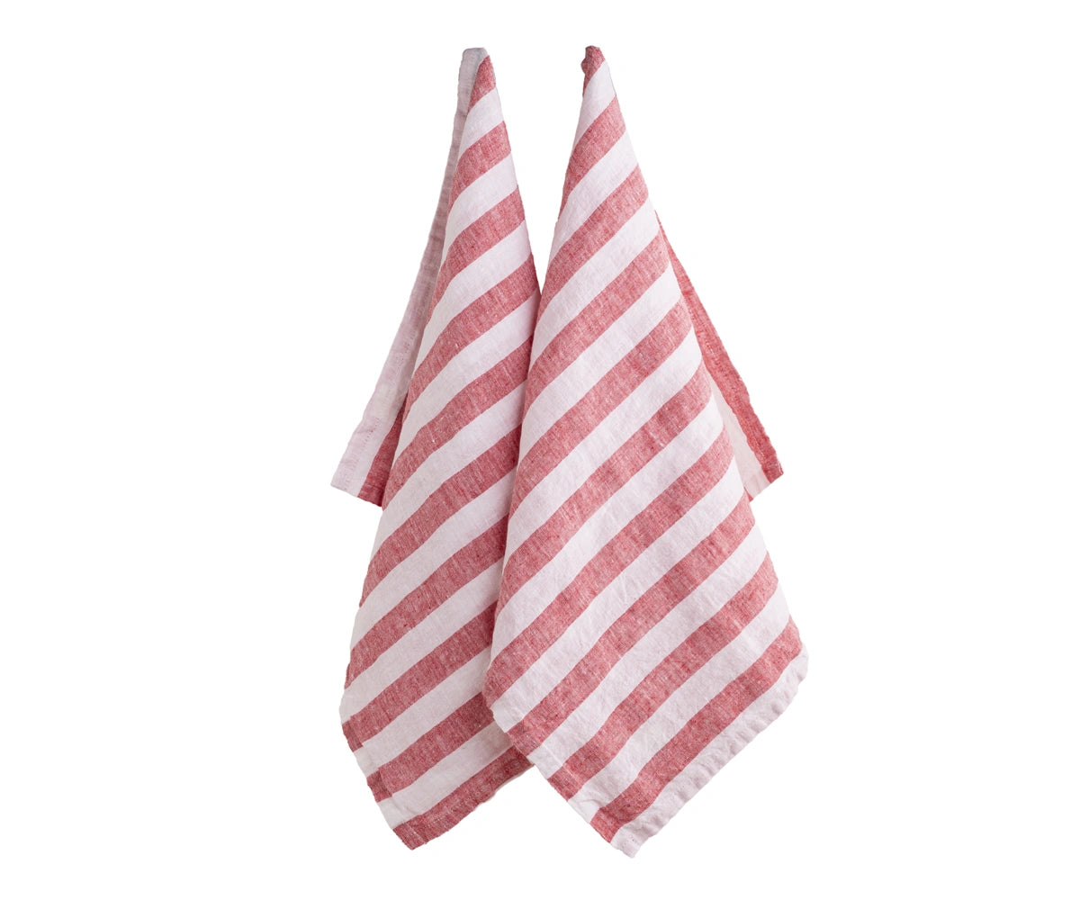 Red striped linen tea towels hanging absorbent striped linen kitchen dish towels