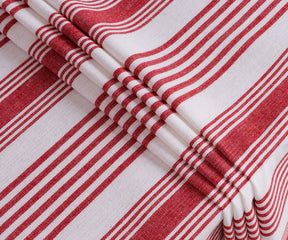 Festive red and white striped cotton tablecloth for holiday dinners and special gatherings