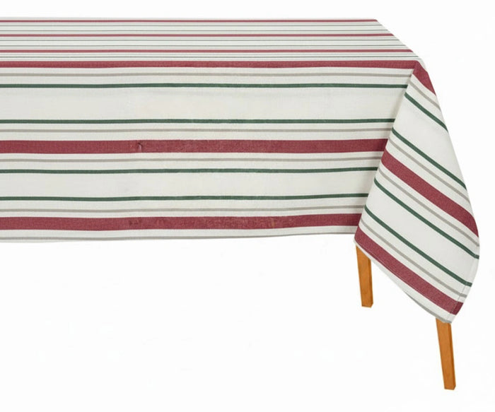 Cotton striped rectangle tablecloth styled with French striped napkins and wooden dining table