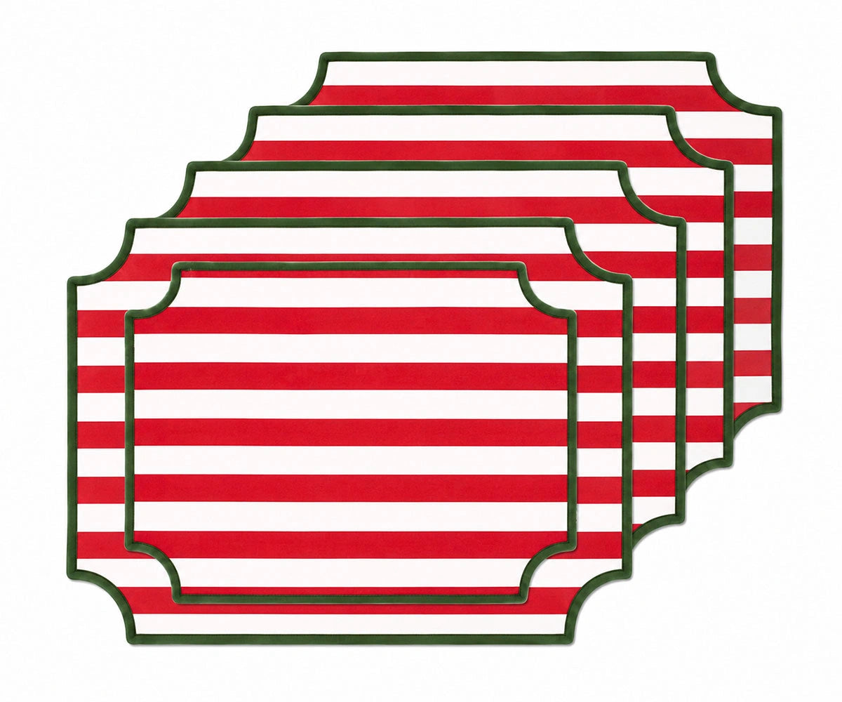Red and white striped cotton placemats with green piping, washable dining table placemats for kitchen and home decor