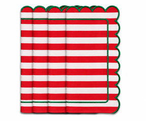 Red white cabana stripe scalloped cloth napkin with green edging for Christmas table and holiday dining