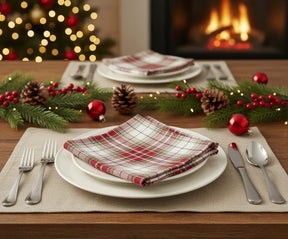 Red buffalo plaid napkins with bold check pattern – farmhouse style cotton table napkins.