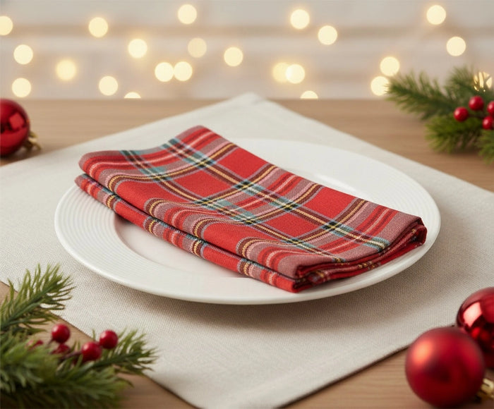 Red plaid cloth napkins with gingham-style check – reusable cotton dinner napkins.