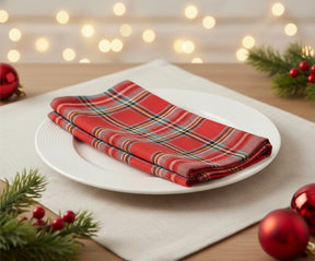 Red plaid cloth napkins with gingham-style check – reusable cotton dinner napkins.