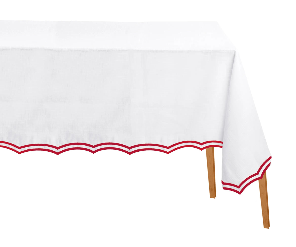 Red embroidered rectangle cotton tablecloth with scalloped edges