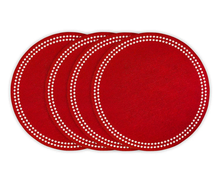 Red cotton round placemats with embroidered pink circles and polka dot trim – set of 4