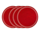 Red cotton round placemats with embroidered pink circles and polka dot trim – set of 4