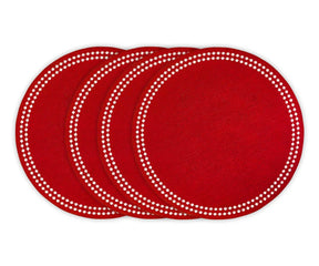 Red cotton round placemats with embroidered pink circles and polka dot trim – set of 4