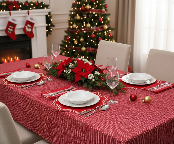 Red cotton placemat set with woven finish – stylish dining table accessories.