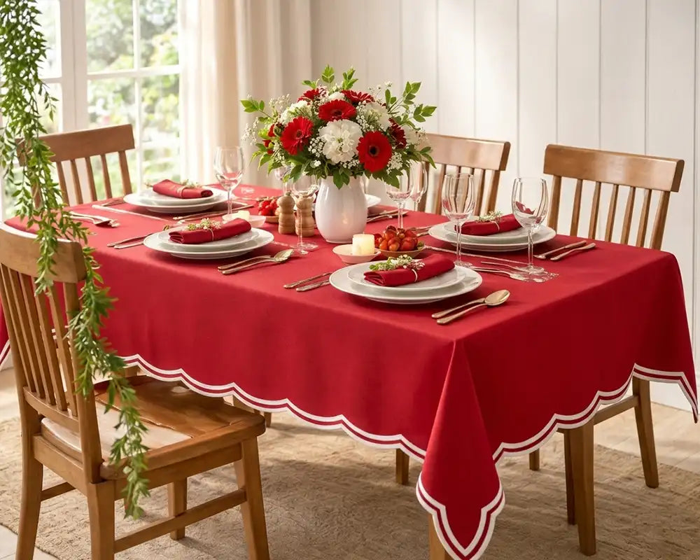 Red linen tablecloth on dining table