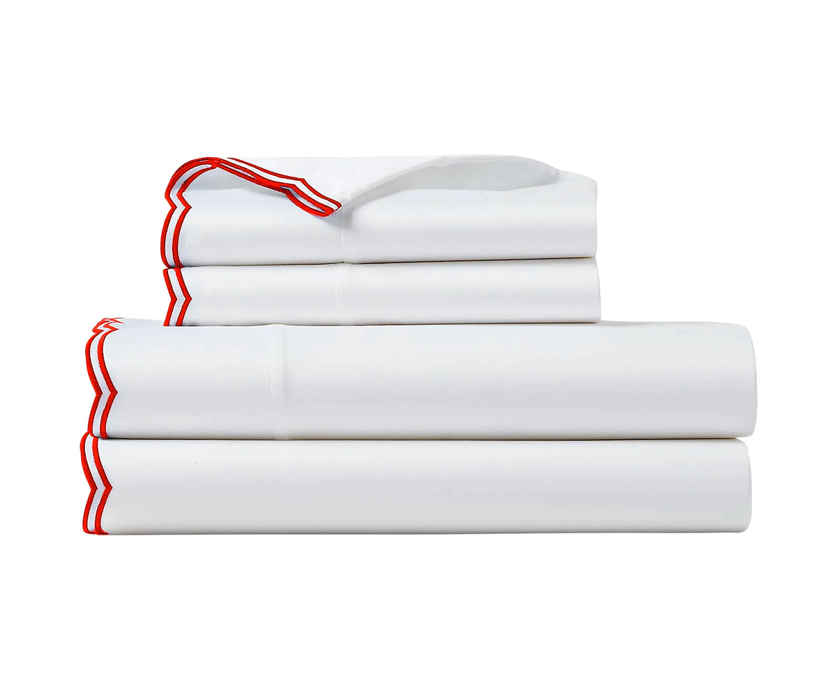 Red Scalloped Edge Cotton Sheet Set for King, Queen, and Twin Beds – Elegant 100% Cotton Bedding