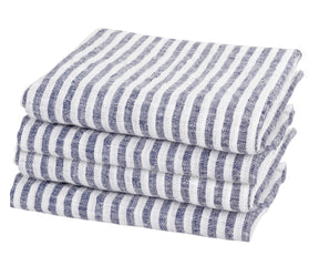 Navy blue linen dinner napkins with classic pinstripe design by All Cotton and Linen for weddings and entertaining guests