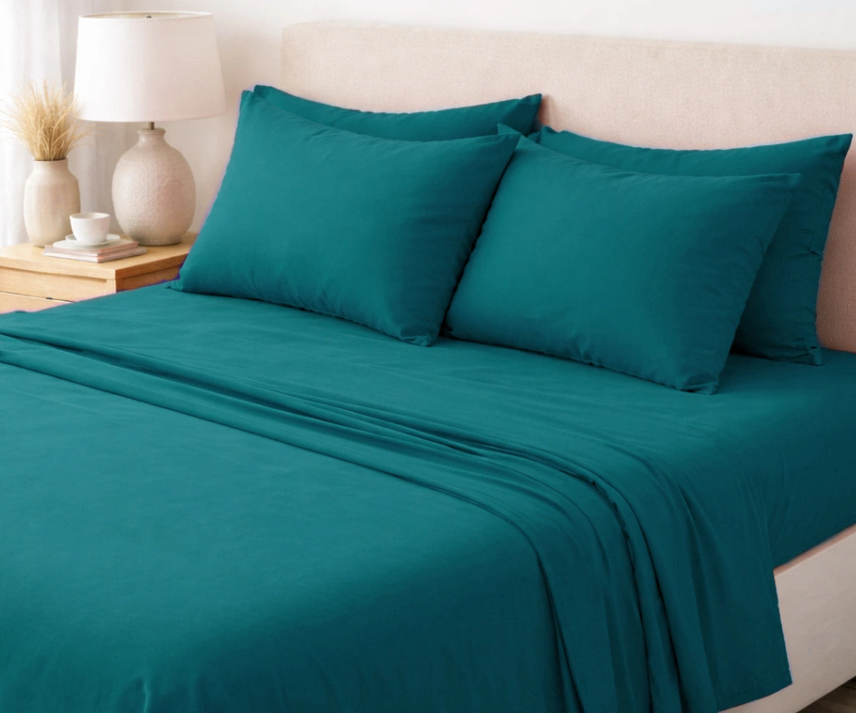 Teal 100% European flax linen bedding set with deep pocket fitted sheet for king size bed, teal bedding