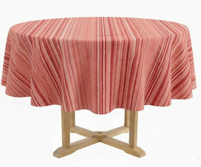 100% cotton round tablecloth featuring bright striped designs in multiple color options, suitable for everyday dining tables, picnics, and celebrations.