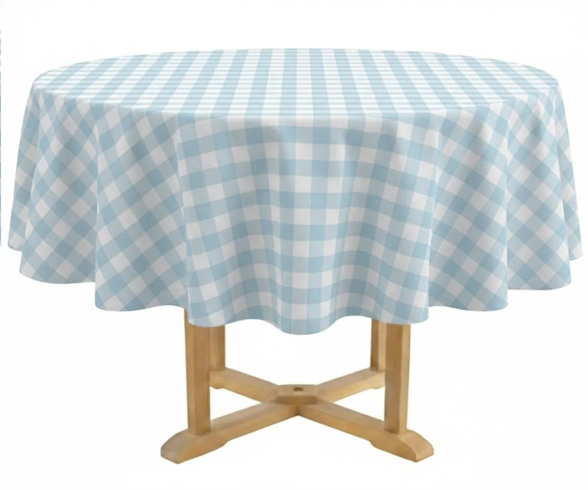 Blue and white plaid 60 inch round cotton tablecloth on farmhouse dining table