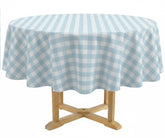 Blue and white plaid 60 inch round cotton tablecloth on farmhouse dining table